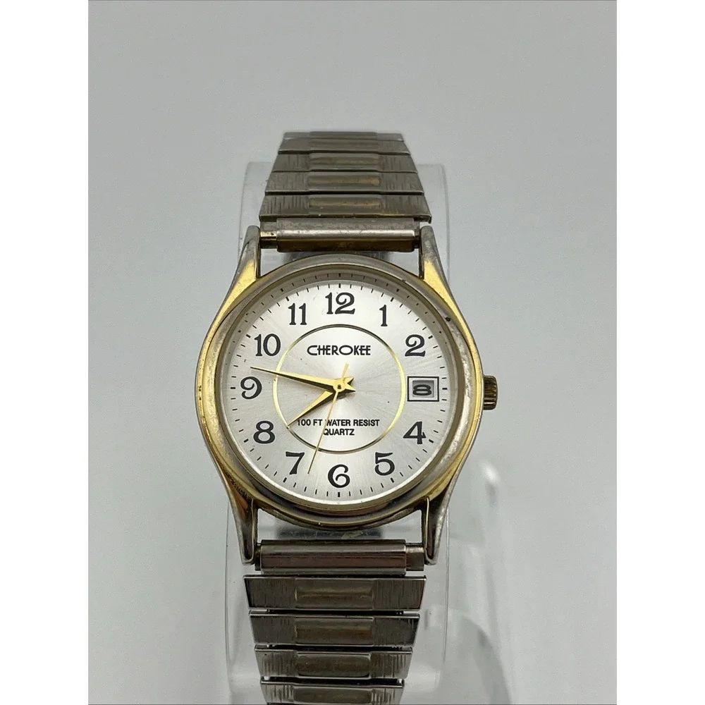 Cherokee Watch Men 32mm Gold Case Silver Stretch Band- New‎ Battery